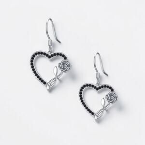 Heart Black Spinel Flower Drop Earrings